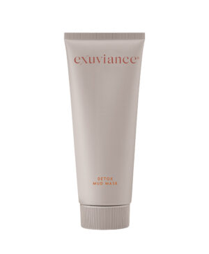 Exuviance produkten detox mud mask mot en vit bakrund.