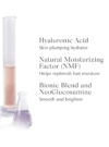 Rosa och lila vätska mot vit bakrund, med texten "Hyaluronic Acid skin plumping hydrator, Natural moisturizing factor (NMF) helps replenish lost moisture. bionic blend and neoglucosamine smooth and brighten"