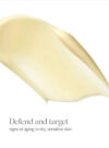 Gul kräm mot vit bakrund, med text i bild som säger "defend and target signs og aging in dry, sensitive skin.