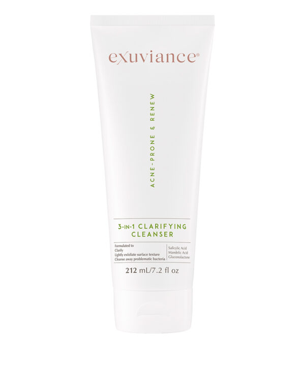 Exuviance produkten 3-in-1 clarifying cleanser mot en vit bakrund.