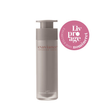Exuviance produkten lift volumizing concentrate mot en vit bakrund. Med en logga av ett pris i det högra hörnet.