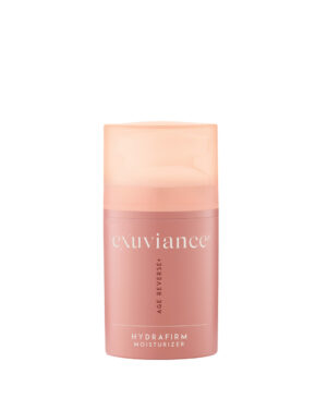 Exuviance produkt hydrafirm moisturizer mot en vit bakund.