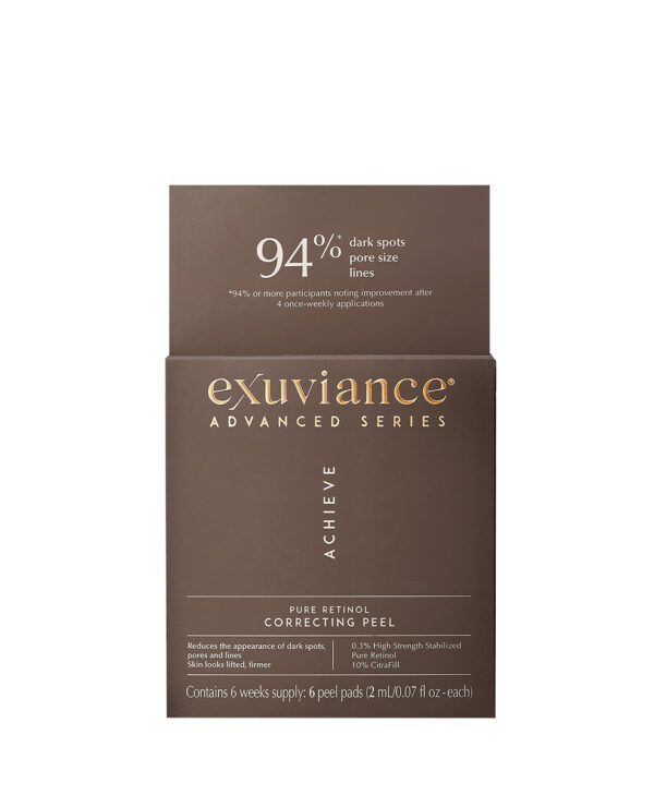 Exuviance produkten pure retinol correcting peel mot en vit bakrund.