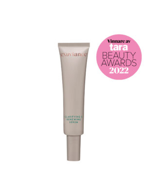 Exuviance produkten Clarifying & renewing serum mot en vit bakrund, med en logga för ett pris i det högra hörnet.