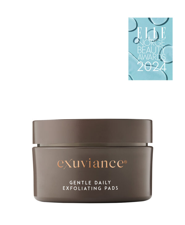 Exuviance produkten gentle daily exfoliating pads mot en vit bakrund.