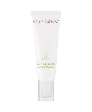 Exuviance produkten daily corrector SPF 35 mot en vit bakrund.