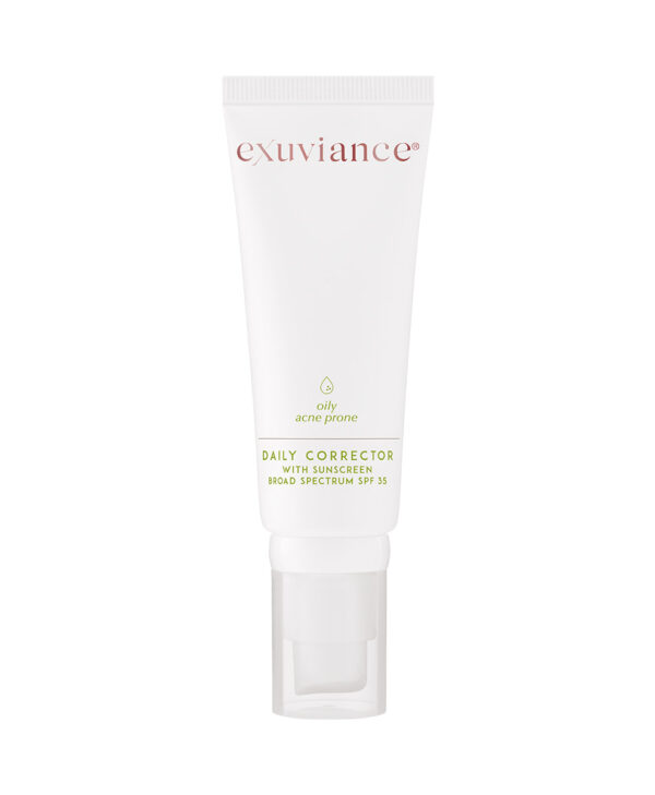 Exuviance produkten daily corrector SPF 35 mot en vit bakrund.
